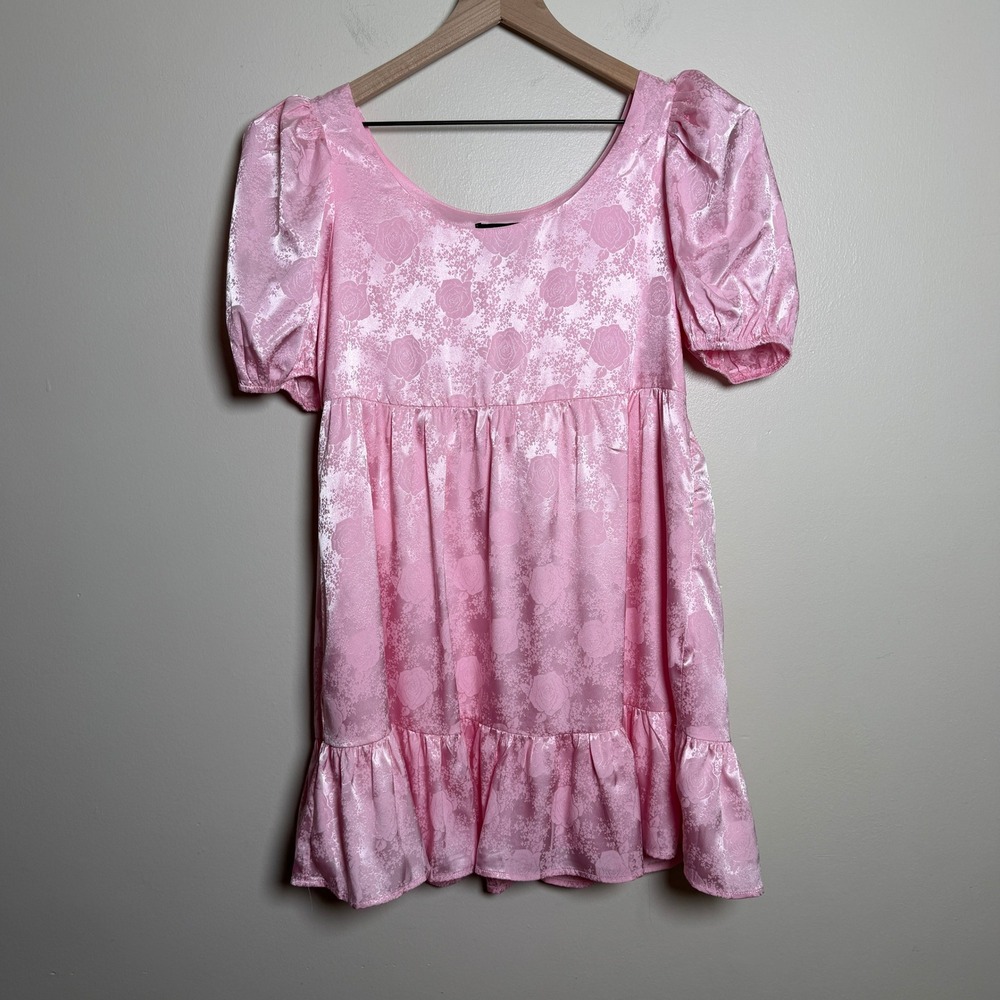 Forever 21 Womens Dress M Pink Satin Floral Jacquard Puff Sleeve Babydoll Barbie